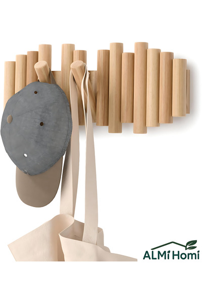 almihomi رف خطافات خشبي صلب يُثبت على الحائط بتصميم إبداعي - 5 خطافات، تركيب ...