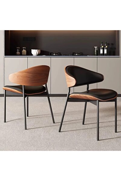 Vi Markets A modern chair with a curved wooden design and a black cushioned s...