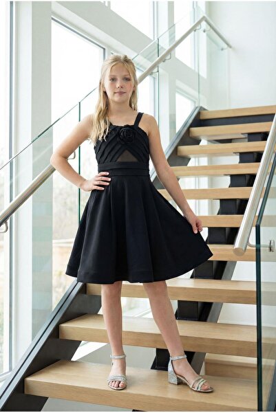 BUTİKHAPPYKİDS Kız Çocuk Siyah Krep Askılı Transparan Tül Detaylı Çıkarılabil...