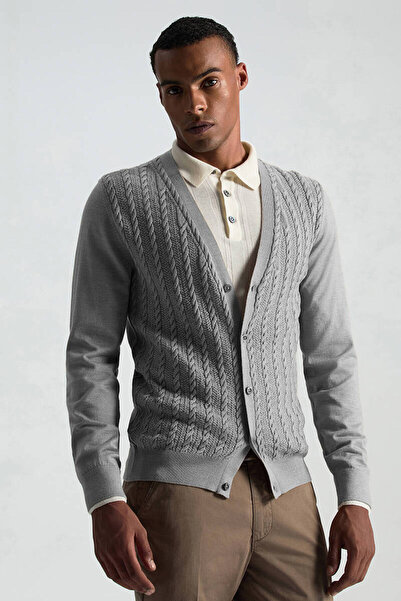 Hemington Merino Yün İpek Karışım Örgü Desenli Açık Gri Hırka