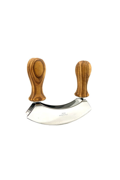 das Olivenholzbrett Mezzaluna knife for chopping, olive wood handles, double ...