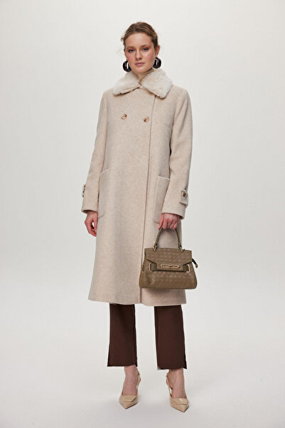 Zühre Fur Collar Detailed Pocketed Cashmere Beige Coat 13853