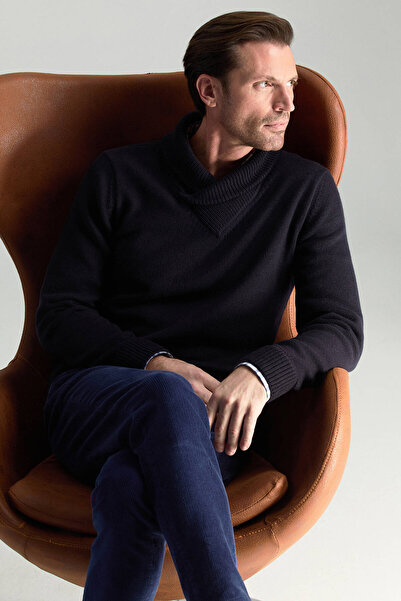 Hemington Merino Yünü Şal Yaka Lacivert Triko Kazak