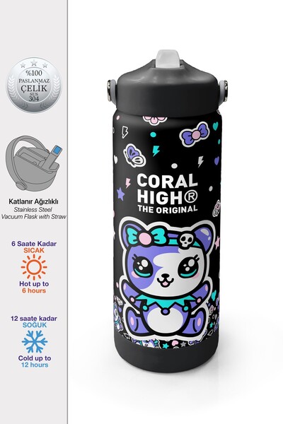 Coral High Siyah Ayıcık Desenli Katlanır Ağızlıklı Çelik Termos 650 ml 38324