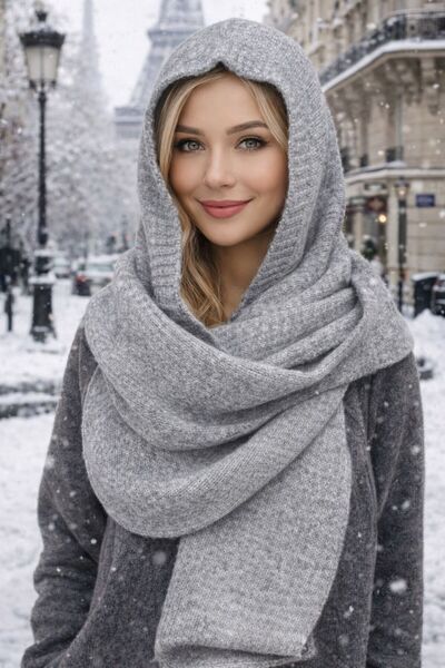 BALIENTE Gray Wool Knitwear Tie-Up Balaclava Beanie Scarf