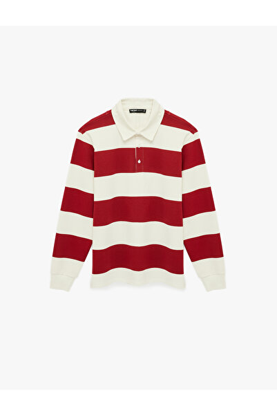 Koton Long Sleeve Cotton Buttoned Polo Collar Striped Sweatshirt