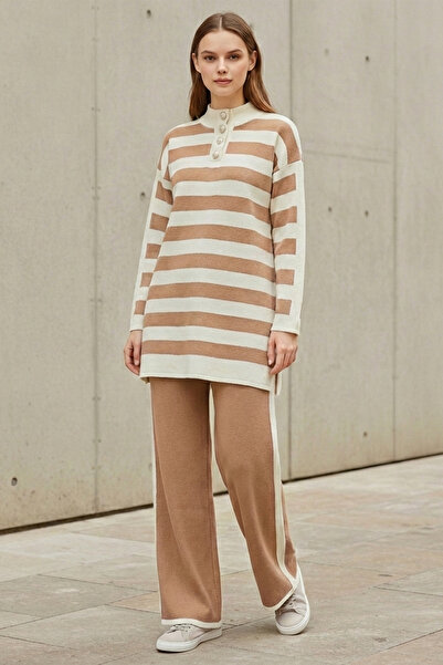 Kirazgym Women's Half Fisherman Striped Knitwear Set - Mink