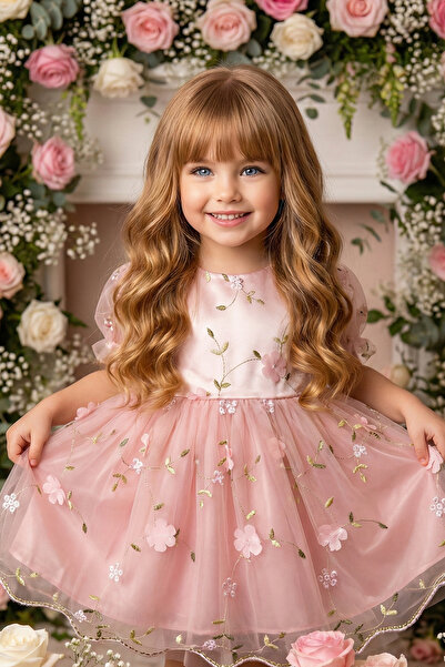 ALYRA Kız Bebek Elbise Kısa Kollu 3D Çiçekli Vintage Fiyonklu Doğum Günü Part...