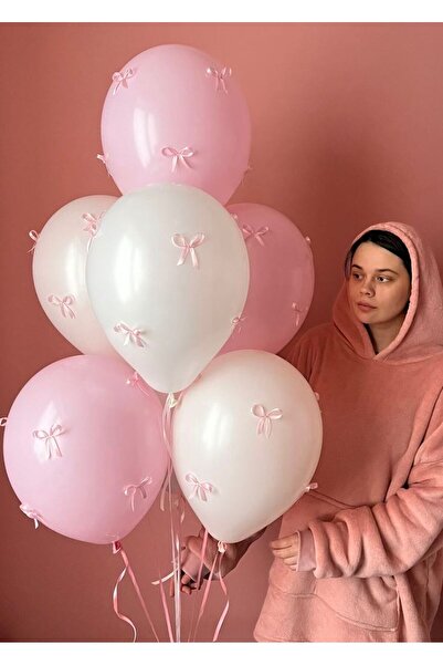 PartyPoo Pink and White Balloon Set and Pink and White Bow Ribbon Balloon Set...