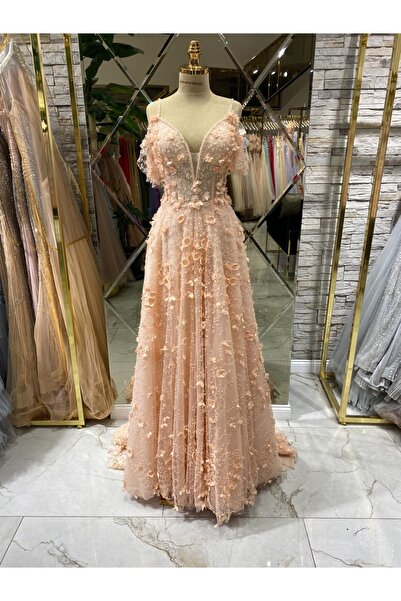 Hanımefendi Giyim فستان سهرة من الشيفون باللون الكاكي مزين بالترتر والزهور