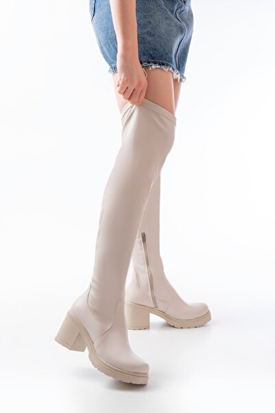 Zerenyus Exi̇n-767-3010 Premium Beige Stretch Daily Thick Heeled Women's Boots