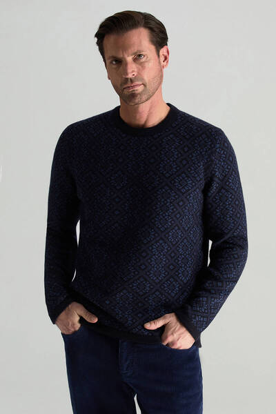 Hemington Merino Yünü Kar Desenli Lacivert Triko Kazak