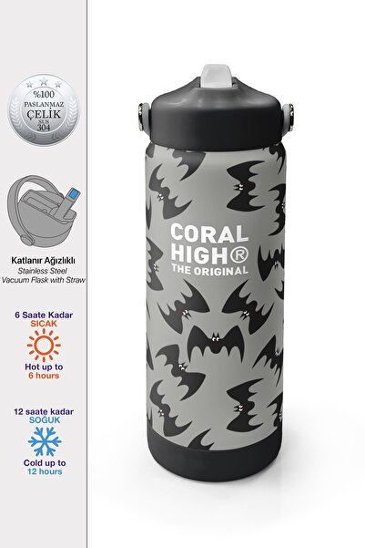 Coral High Gri Siyah Yarasa Desenli Katlanır Ağızlıklı Çelik Termos 650 ml 38326