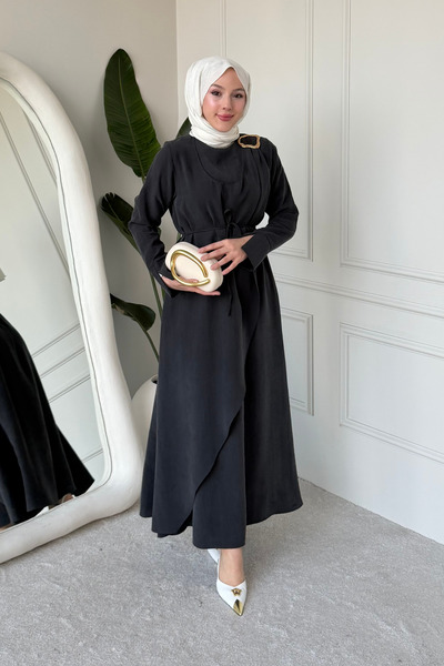 Tesettür Diyarı Goldest Cupra Tansel Με αγκράφα Φόρεμα Τεσεττούρ - Ανθρακί