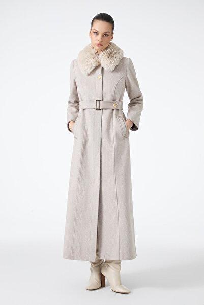 Zühre Fur Collar Belt Detailed Cashmere Coat Beige Coat 13425