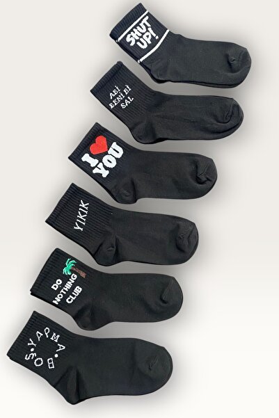 Esinti 6 Pairs of Text Patterned Cotton Black College Socks – Unisex Women's ...