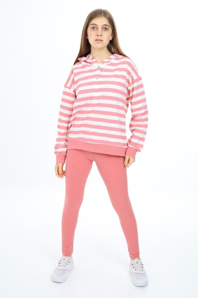 Toontoy طقم بناتي مكون من قطعتين سترة مخططة بغطاء رأس بدون أكتاف وبنطلون ضيق ...