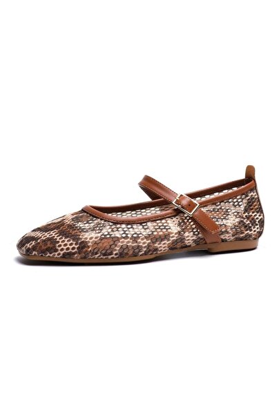 Kuum K81-505 Women's Mesh Leopard Patterned Blunt Toe Ballerinas