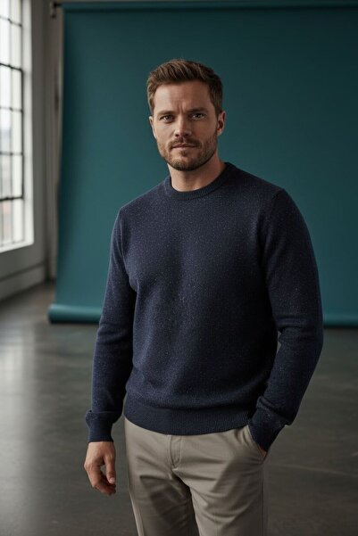 Sarar İnterview 0 Collared Woolen Gray Navy Blue Knitwear Sweater