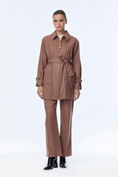 Zühre Zipper and Belt Detailed Jacket and Trousers Double Mocha Set 1634