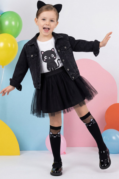 Katia&Bony Șosete pentru fete cu model pisică, muselină, până la genunchi, negre