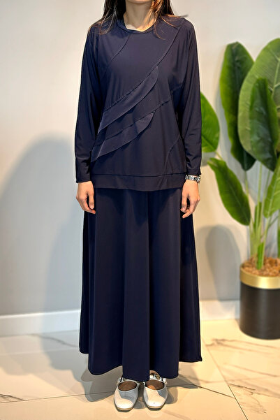 Lale Butik Sandy Fabric Blouse Bell Skirt Set 0606 Navy Blue