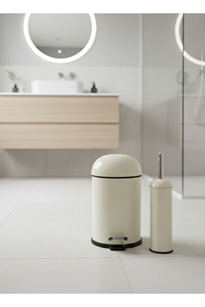 GörSeç Μεταλλικό Σετ Μπάνιου με Κάλυμμα Bon, Αμορτισέρ, Κρεμ Κάδος Απορριμμάτ...