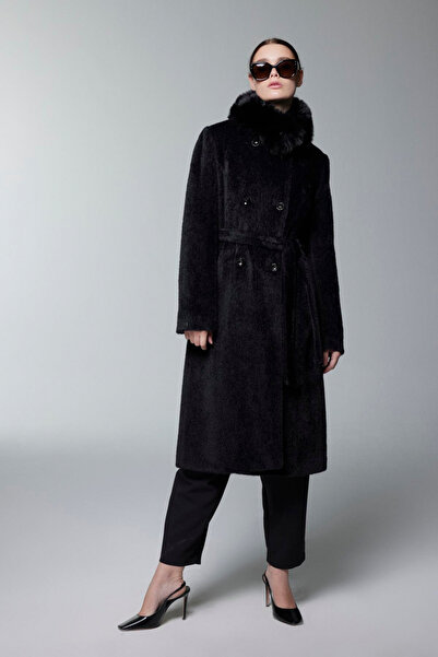 Zühre Black Coat with Fur Collar, Buttons and Belt Detail 13830