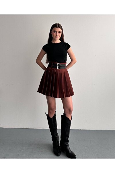 mylunessa Καφέ μίνι φούστα με διπλή ζώνη και εσωτερική επένδυση σορτς