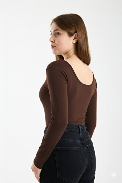 MERİCEY Women's Front Back U-Neck Long Sleeve Stretchy Basic Blouse