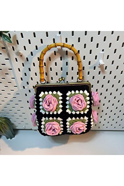 B BUL AKSESUAR Bambu Saplı Tığ İşi Örgü Kadın El Çantası 29x20 cm