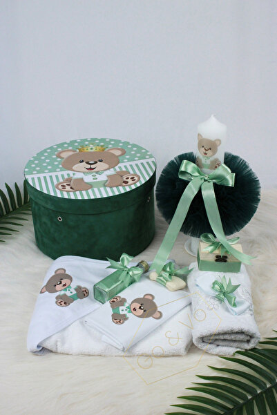 GoVo Kids Trusou botez cu lumanare, Ursulet Verde – Set complet botez, 9 pies...