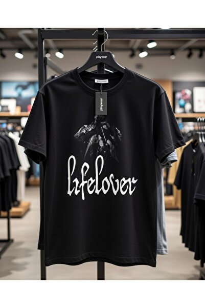 playwear Unisex Loose Fit Lifelover Printed Black T-shirt - T-shirt
