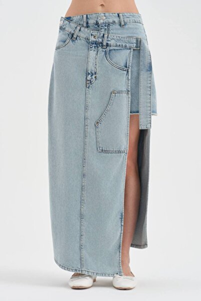 tw3 Γυναικεία μακριά φούστα από ύφασμα τζιν με μίνι φούστα στο πλάι και σχέδι...