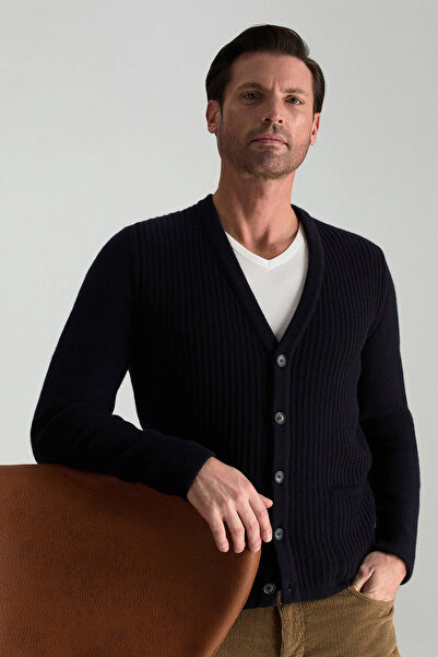 Hemington Merino Yünü Şerit Desenli Lacivert Triko Hırka