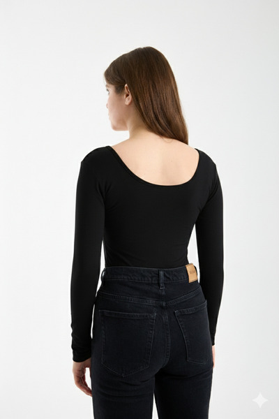 MERİCEY Women's Front Back U-Neck Long Sleeve Stretchy Basic Blouse