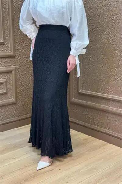 Neşeli Butik Women's Black Lace Fabric Maxi Length Hijab Skirt