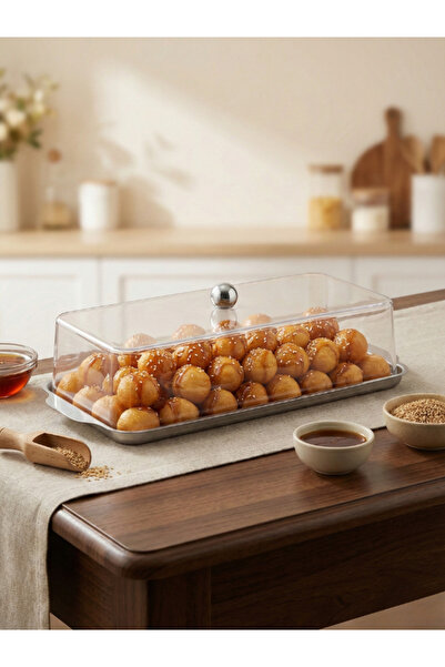 Generic صحن تقديم استيل دائري بغطاء أكريليك شفاف ومسكة فضية