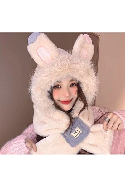 cmtgroup Women's Rabbit Ear Plush Beret & Scarf Set – Soft Winter Combination