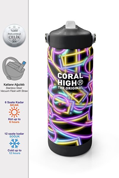 Coral High Siyah Renkli Neon Desenli Katlanır Ağızlıklı Çelik Termos 650 ml 3...