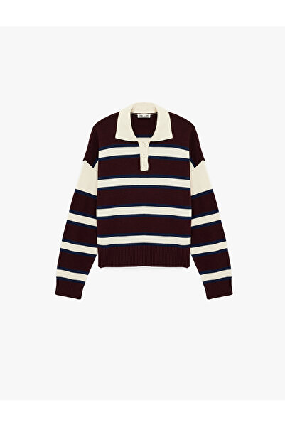 Koton Buttoned Striped Comfortable Fit Polo Collar Sweater