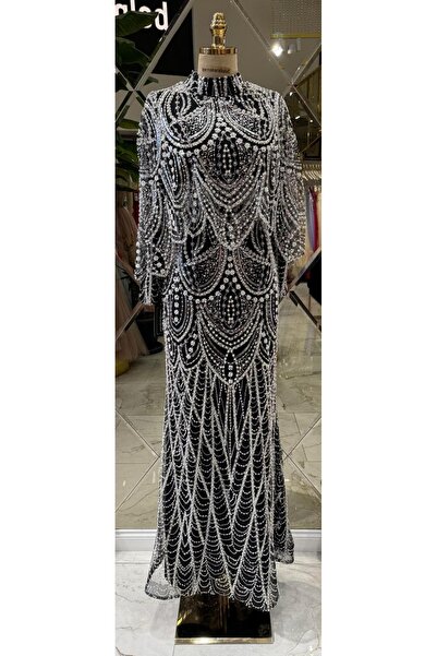 Hanımefendi Giyim Özel Tasarım Boncuk ve Payet İşlemeli Uzun Abiye Elbise