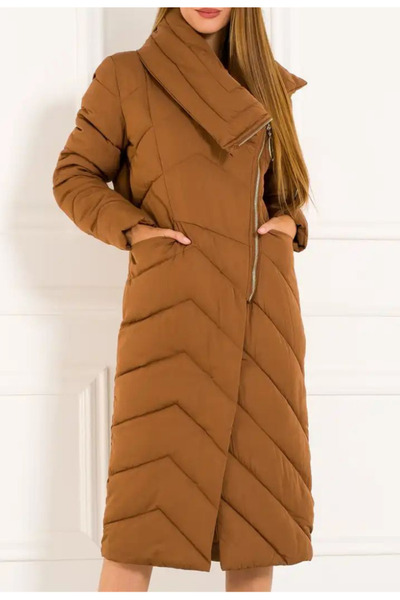 Nobrand Long brown quilted jacket with high collar and decorative oblique zip...