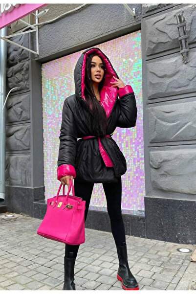 Nobrand Pink & Black Reversible Quilted Jacket with Hooded and Drawstring – D...