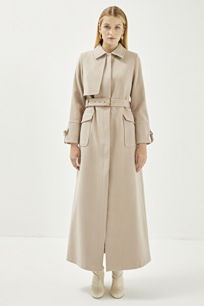 Zühre Shirt Collar Belt Detailed Cashmere Coat Stone Coat 13359