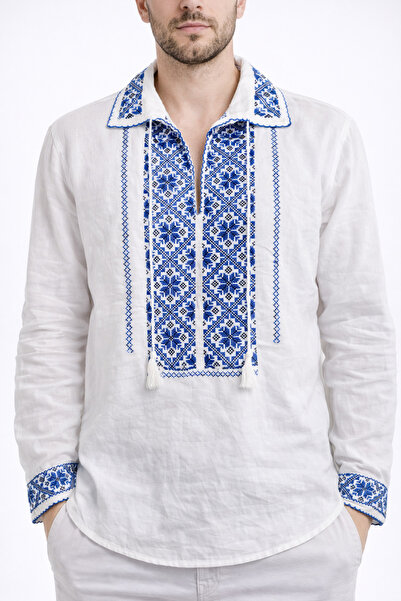 Nobrand Ie/Traditional Romanian men's white shirt with blue embroidery - prem...