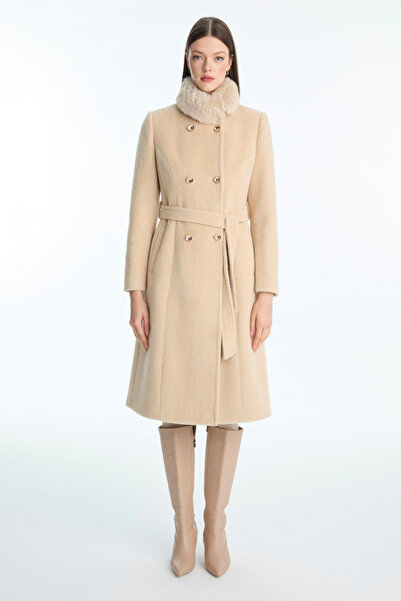 Zühre Beige Coat with Fur Collar, Buttons and Belt Detail 13830