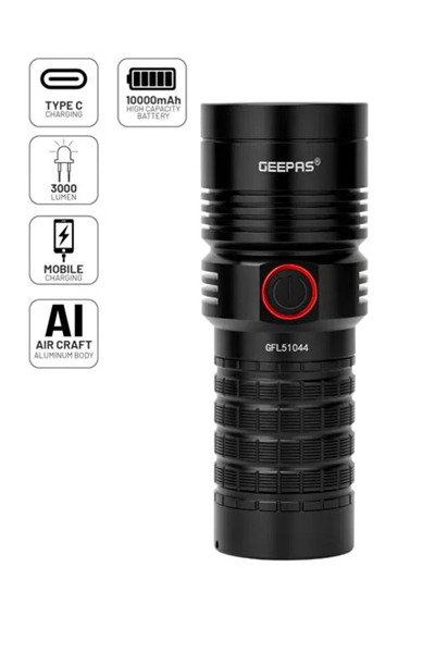 Geepas مصباح يدوي LED مقاوم للماء مع بنك طاقة - GFL51044/أسود