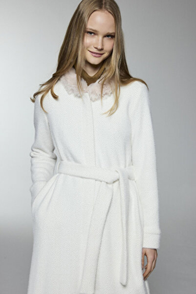 Zühre Fur Detailed Belted Ecru/Gold Cardigan 0033