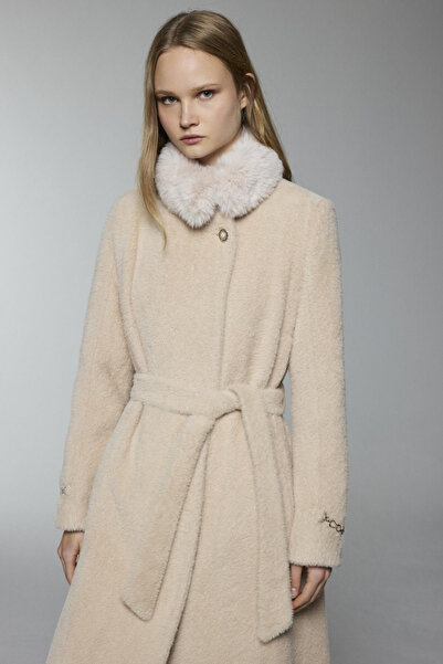 Zühre Fur Collar Belted Long Coat Camel Coat 13631